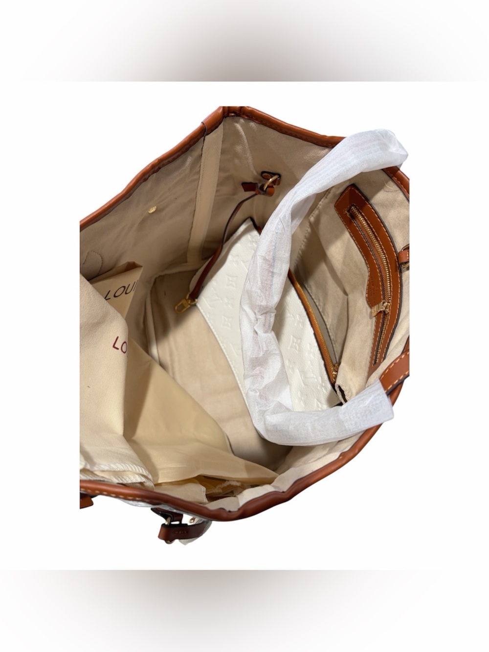 White Embossed Monogram fashion Tote with Brown Leather Trim - Picture 3 of 3